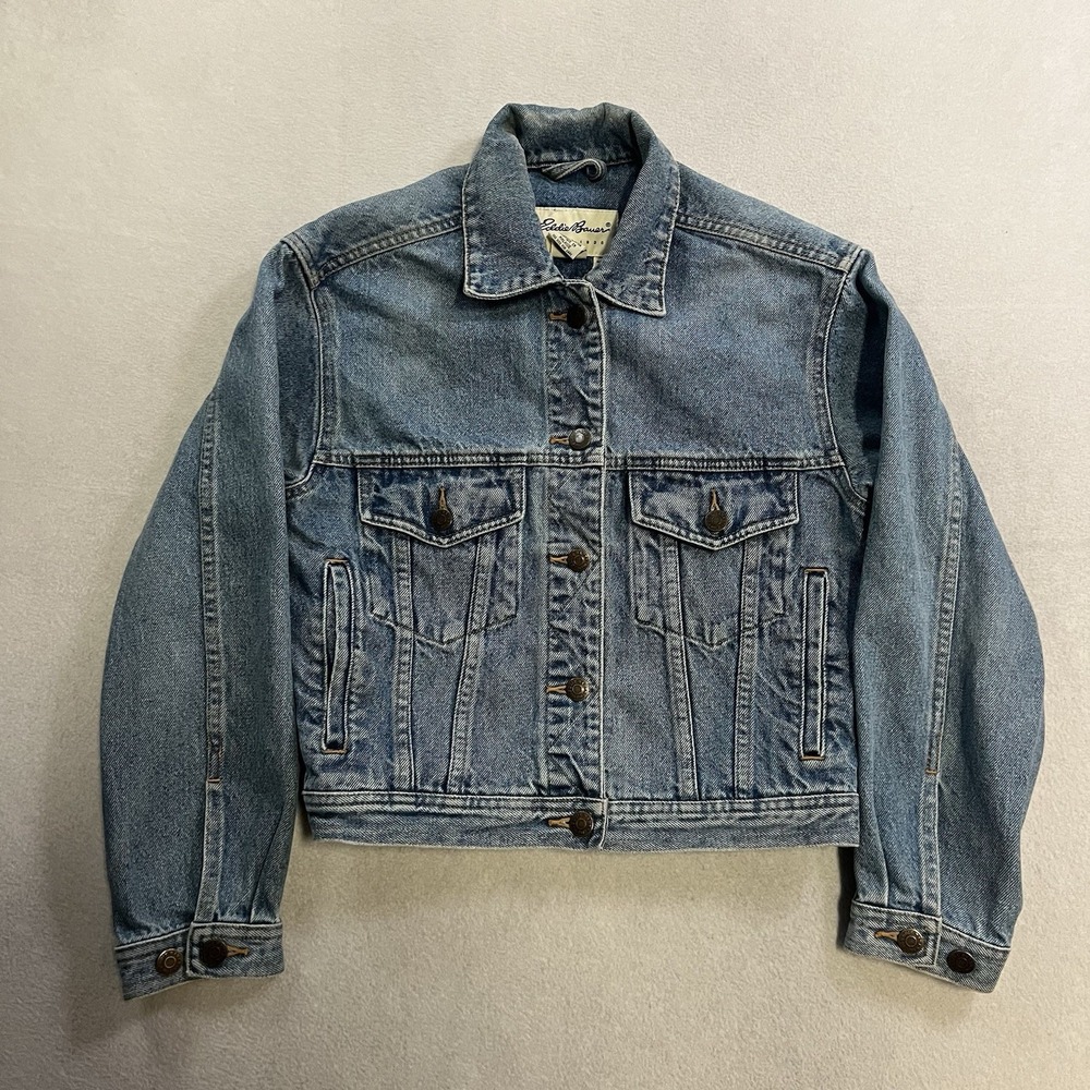 Vintage Eddie Bauer Denim Trucker Jacket Women's Size XS Blue Medium Wash 90's